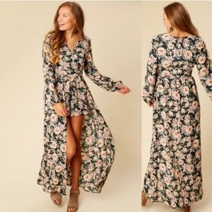 Altar'd State Draped Skirt Floral Print Long Sleeve Shorts Romper Size Small